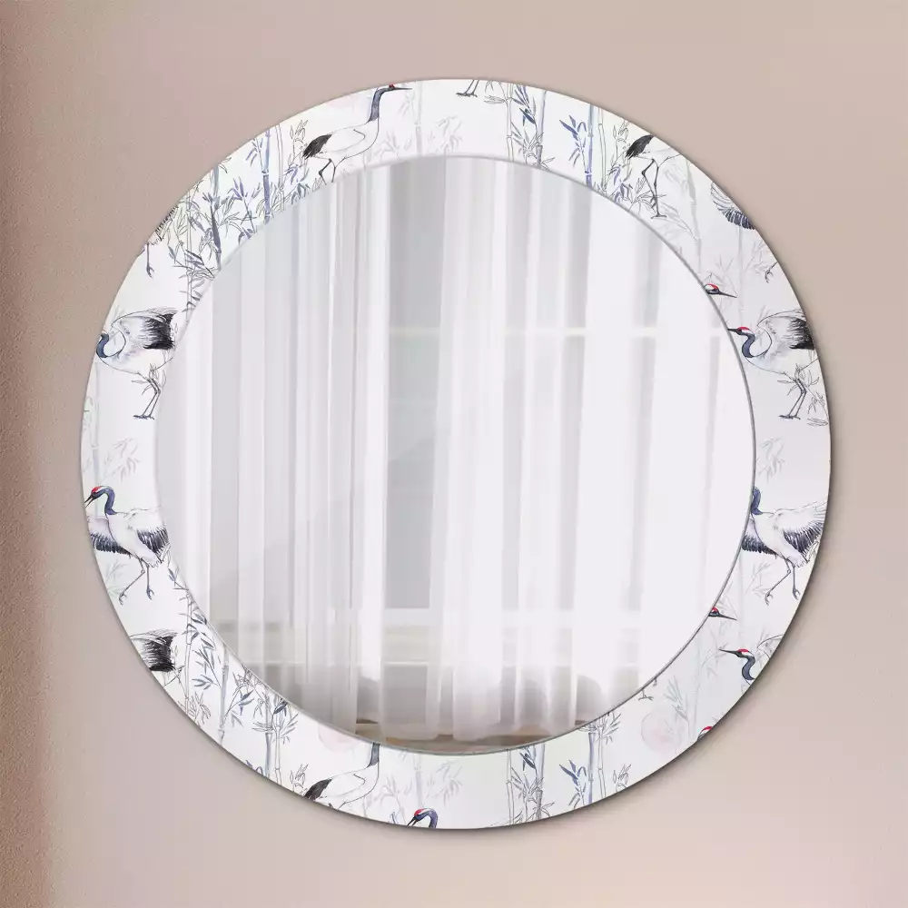Miroir rond cadre avec impression Grues