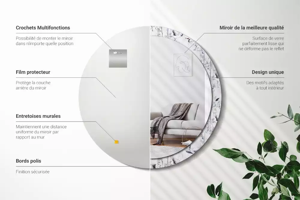 Miroir rond cadre avec impression Grues