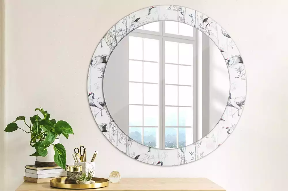Miroir rond cadre avec impression Grues