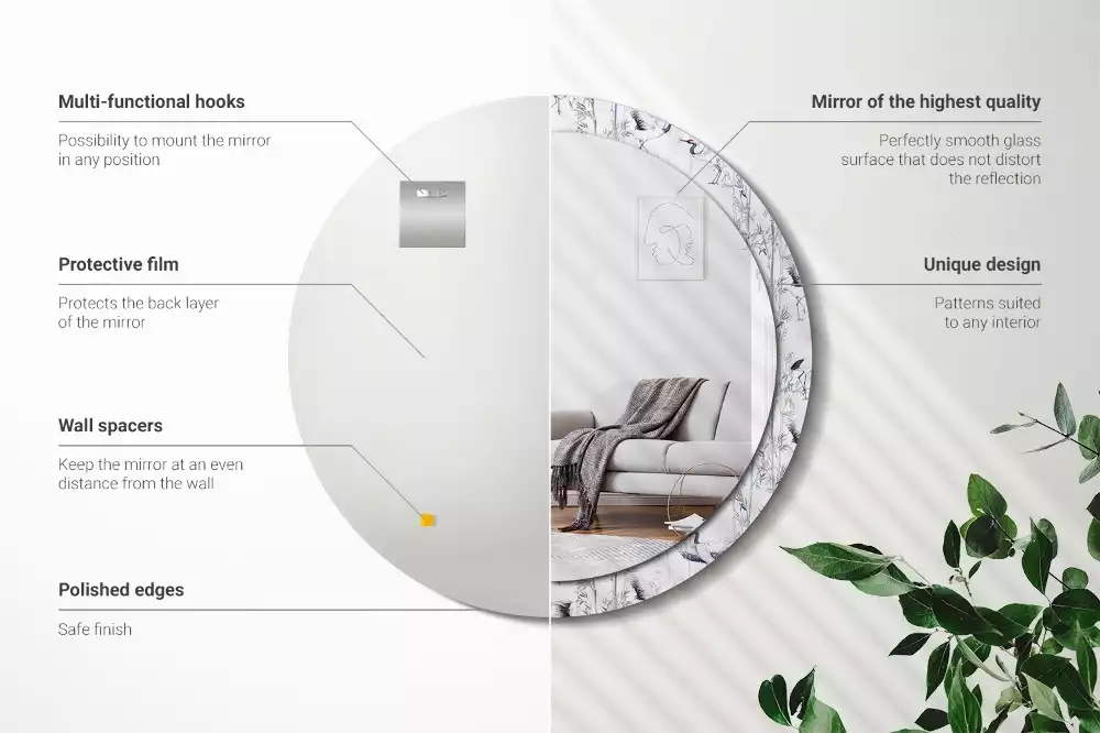 Miroir rond cadre avec impression Grues