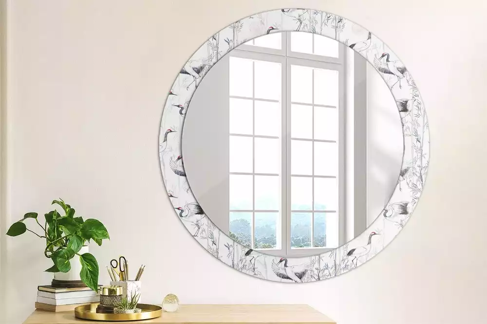 Miroir rond cadre avec impression Grues