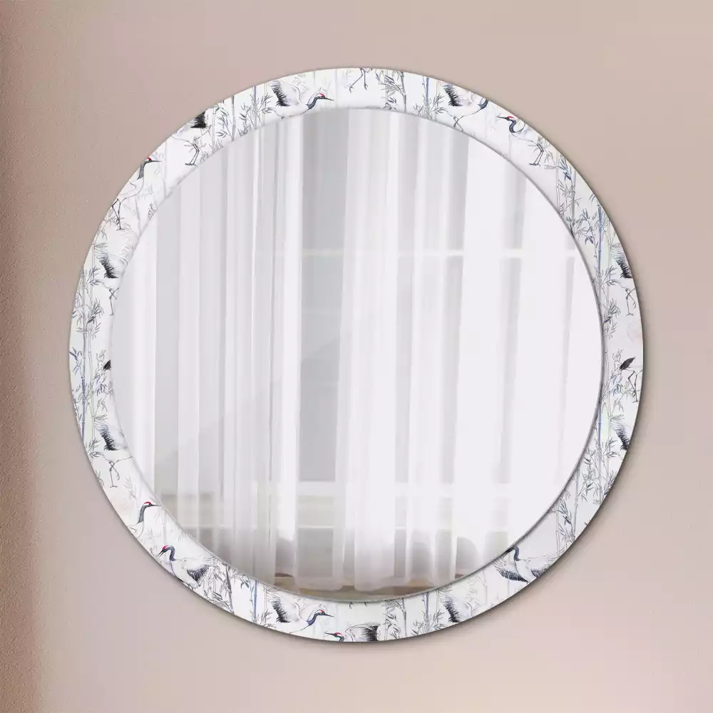 Miroir rond cadre avec impression Grues
