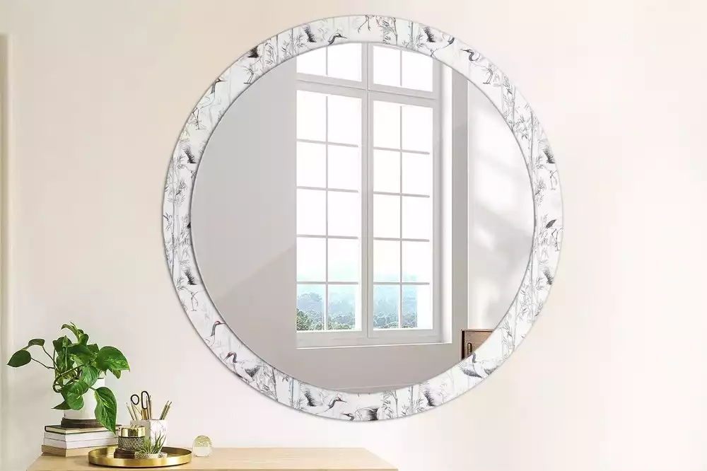 Miroir rond cadre avec impression Grues