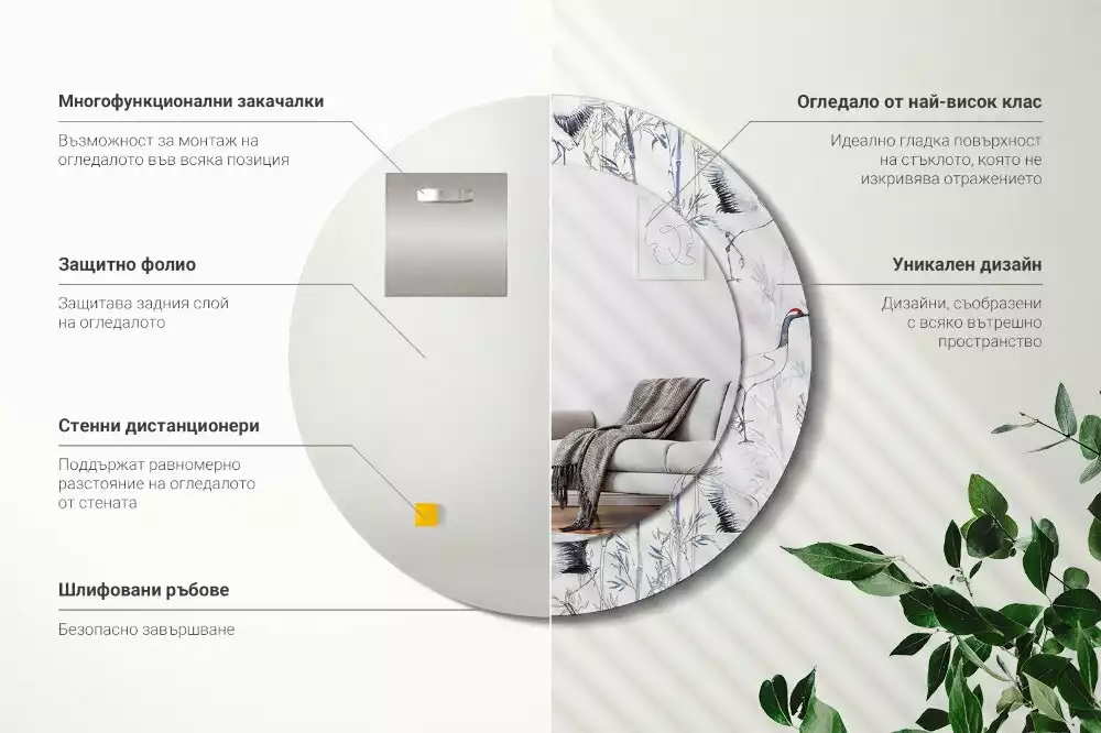 Miroir rond cadre avec impression Grues