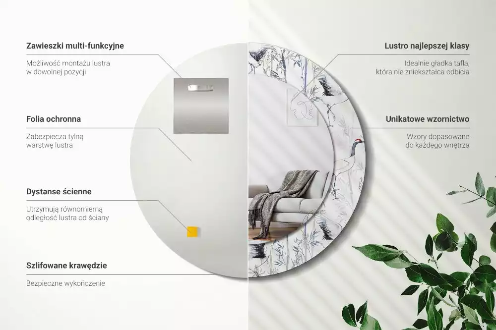 Miroir rond cadre avec impression Grues