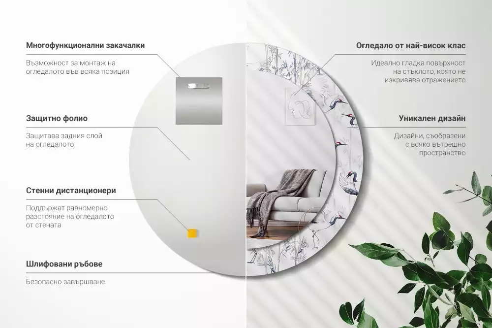 Miroir rond cadre avec impression Grues