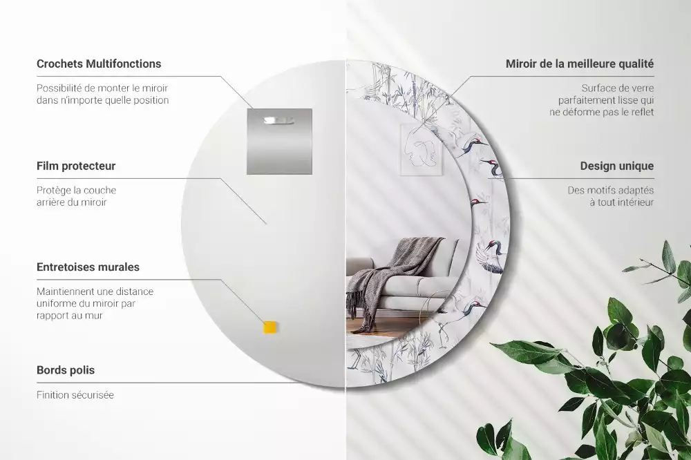 Miroir rond cadre avec impression Grues