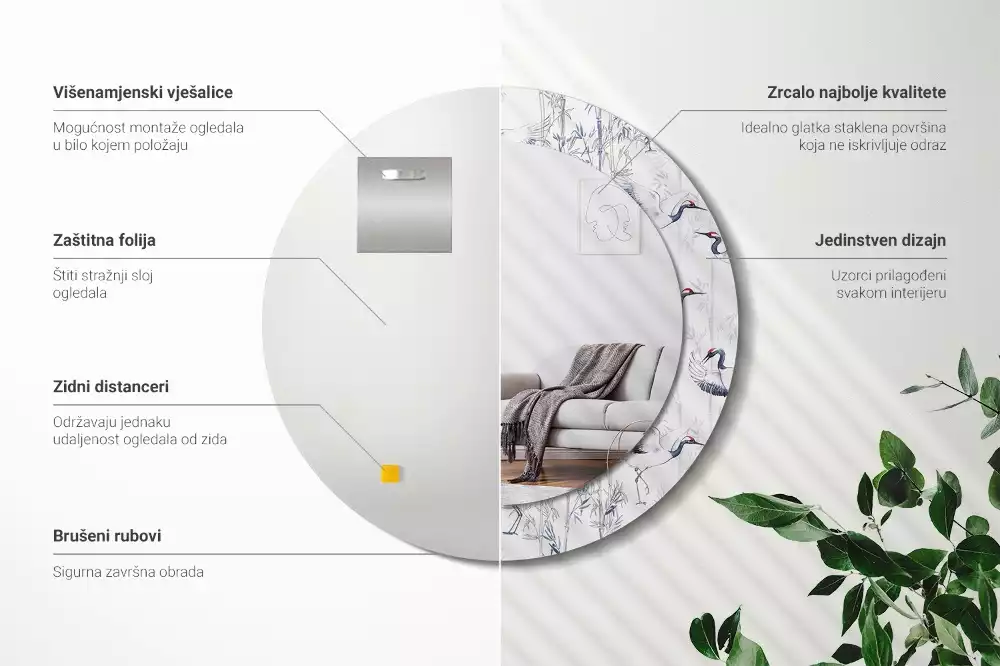 Miroir rond cadre avec impression Grues