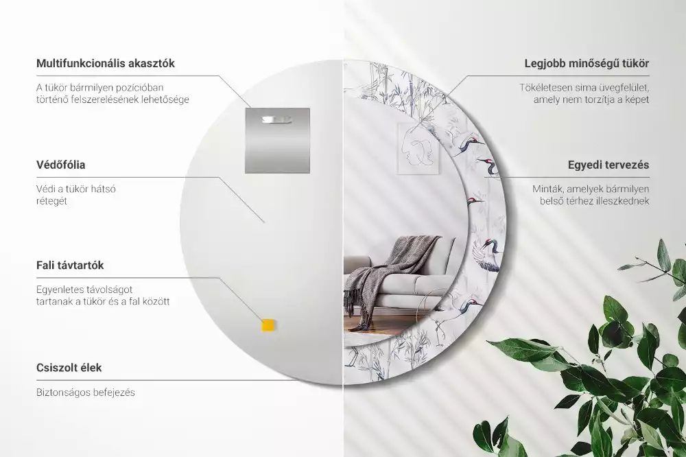 Miroir rond cadre avec impression Grues