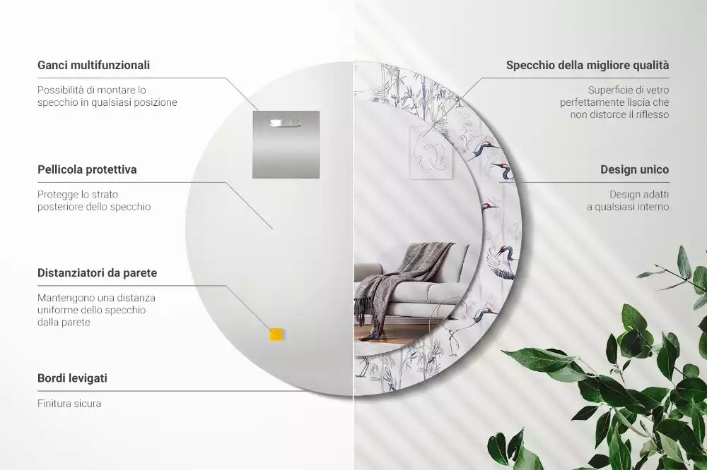 Miroir rond cadre avec impression Grues