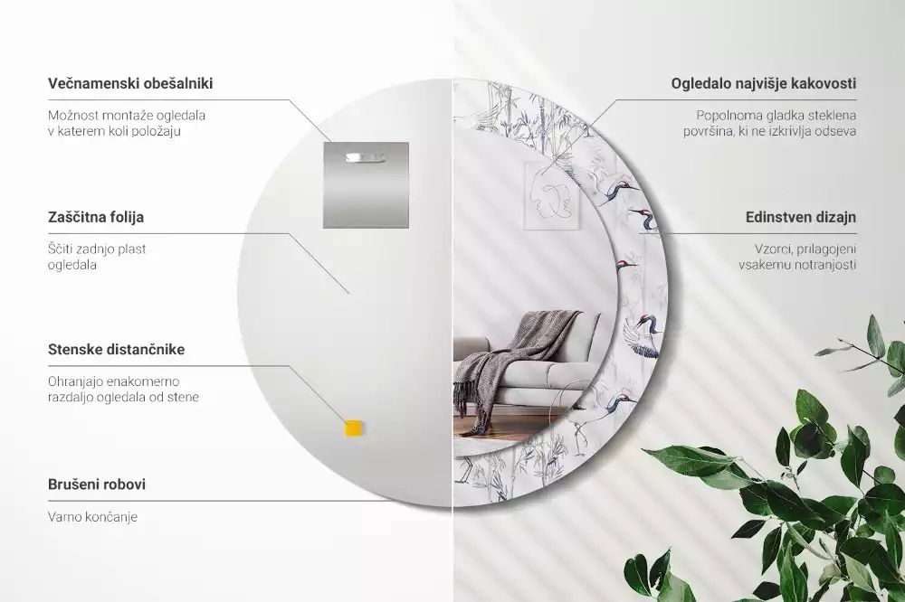 Miroir rond cadre avec impression Grues