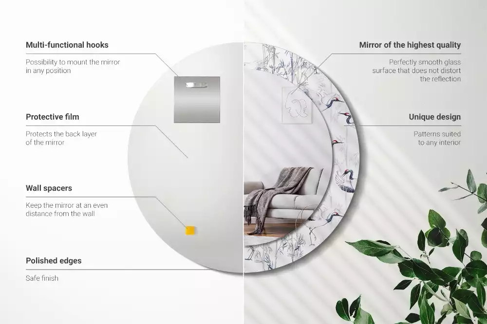 Miroir rond cadre avec impression Grues