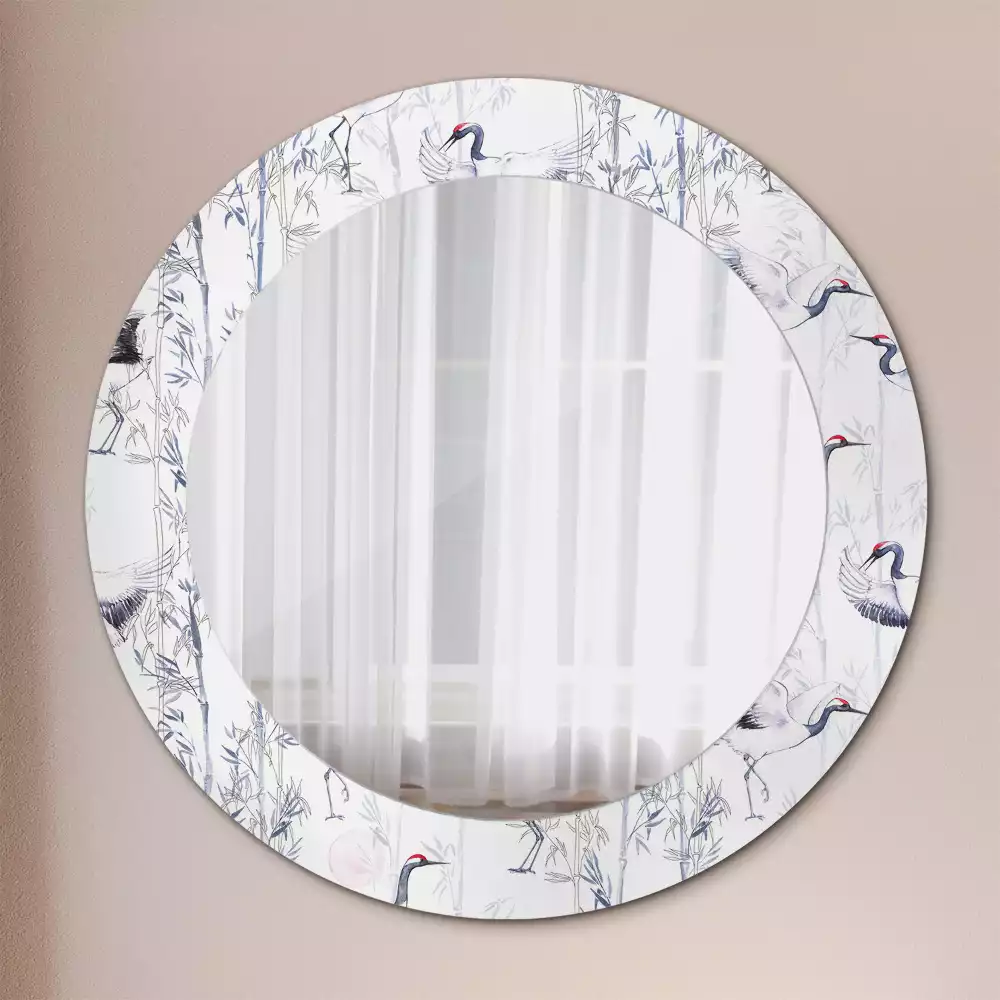 Miroir rond cadre avec impression Grues