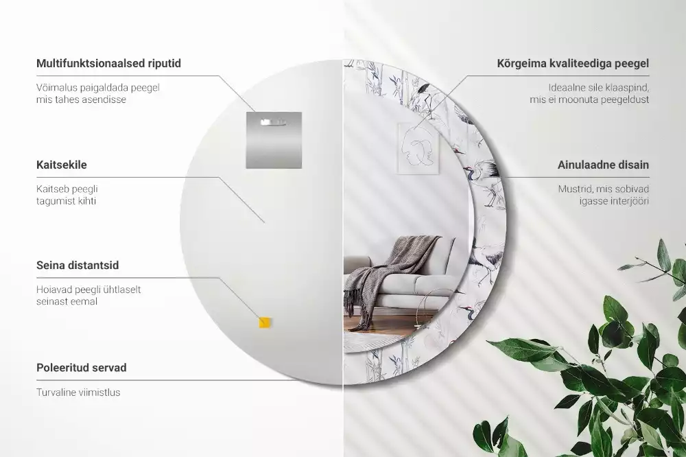 Miroir rond cadre avec impression Grues