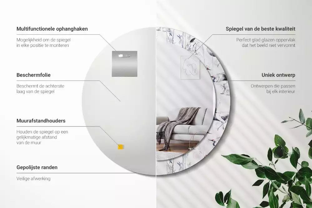 Miroir rond cadre avec impression Grues