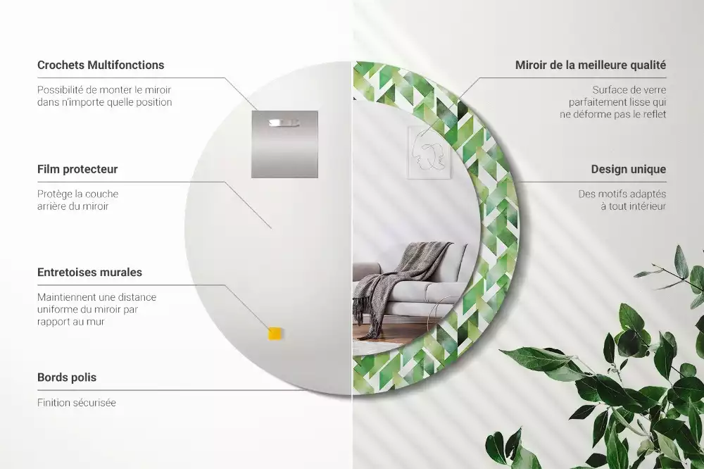 Miroir rond cadre avec impression Chevrons