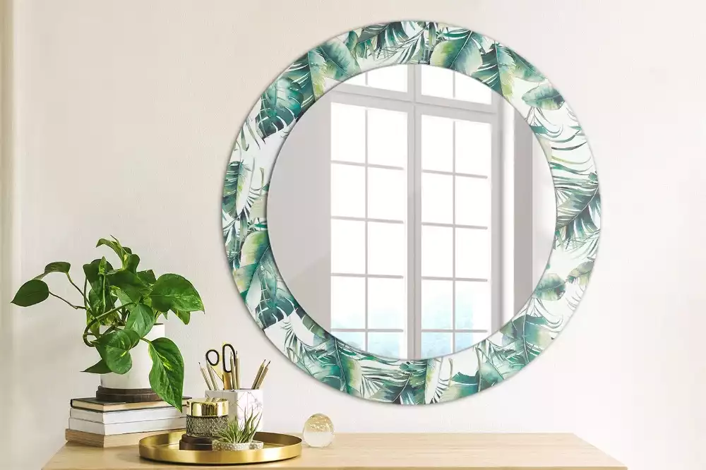 Miroir rond cadre avec impression Feuilles