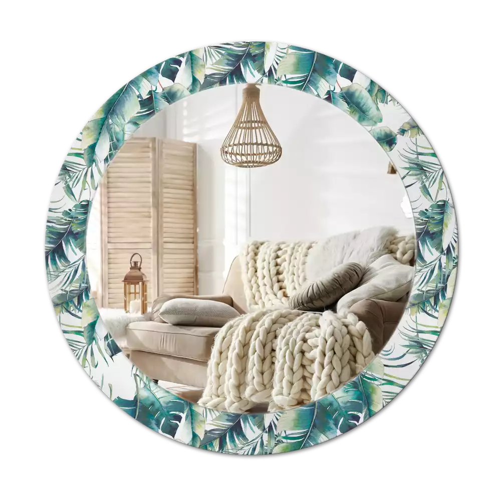 Miroir rond cadre avec impression Feuilles