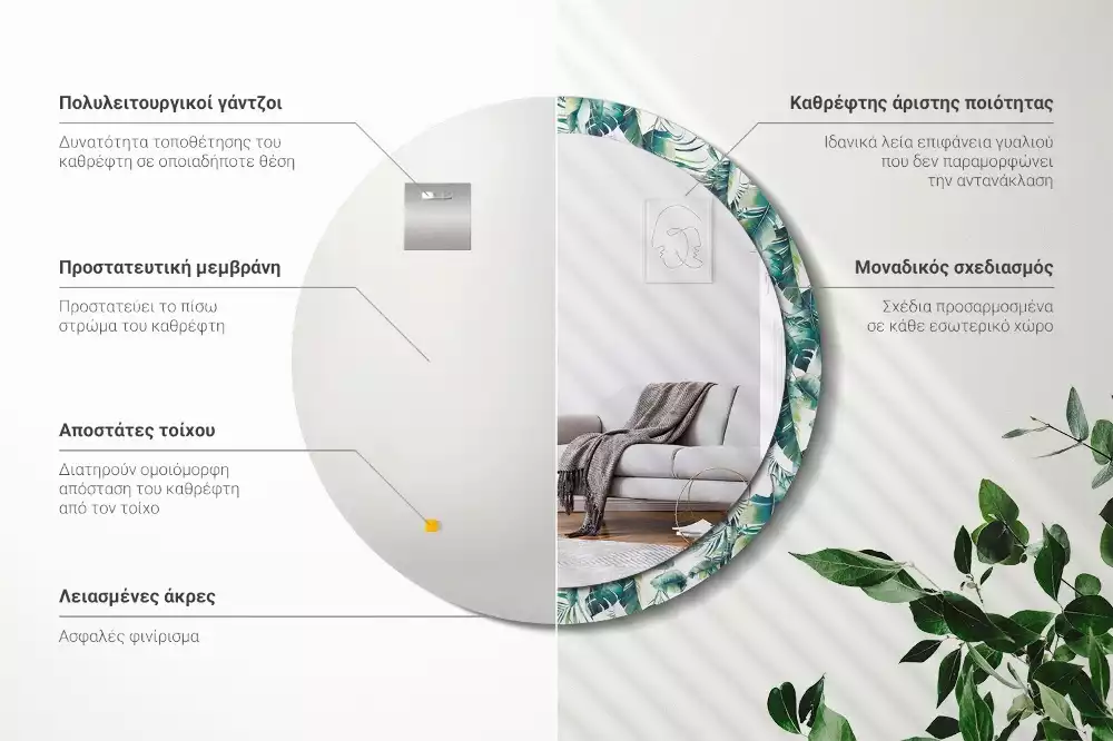 Miroir rond cadre avec impression Feuilles