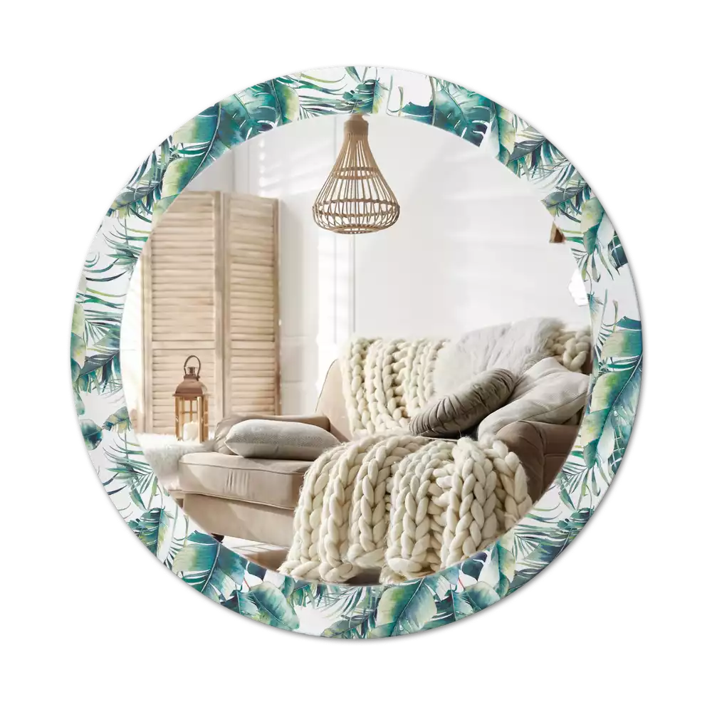 Miroir rond cadre avec impression Feuilles