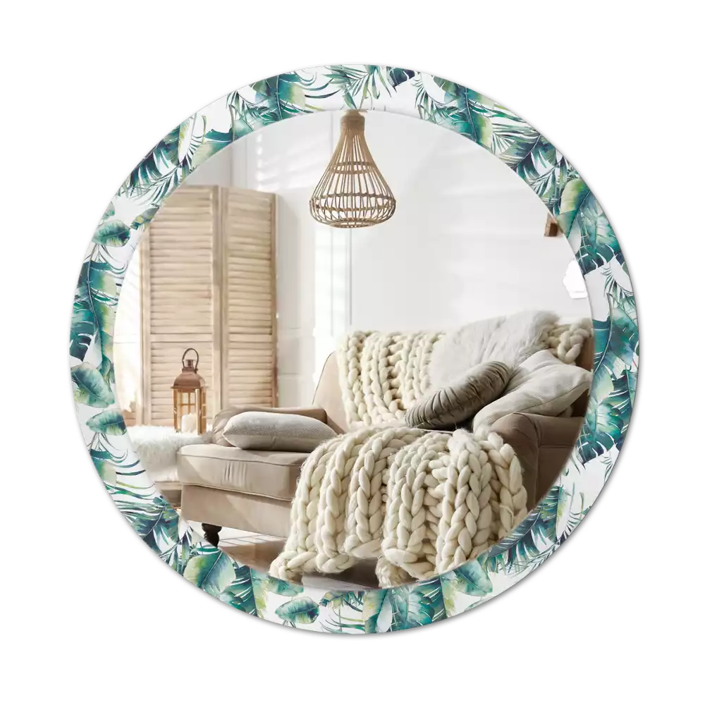 Miroir rond cadre avec impression Feuilles