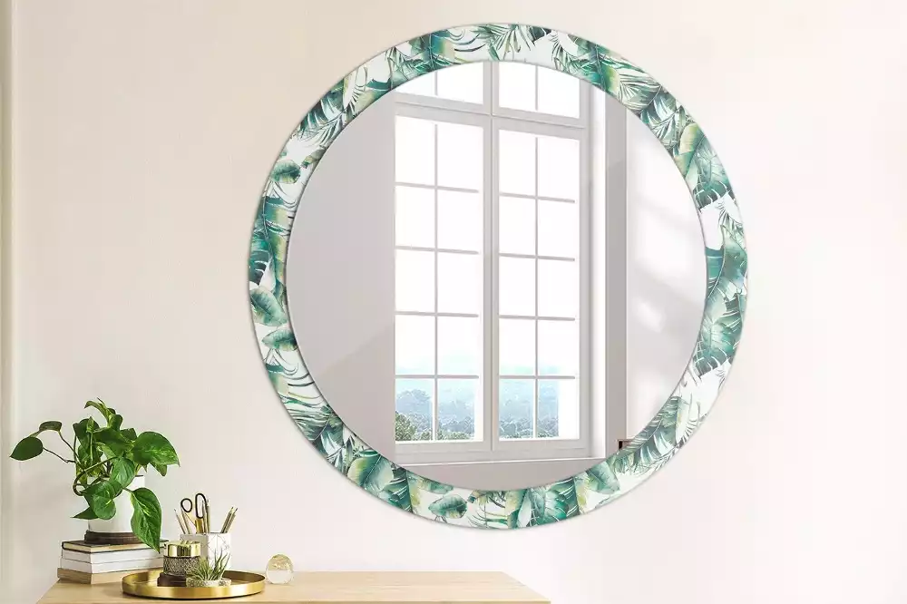Miroir rond cadre avec impression Feuilles