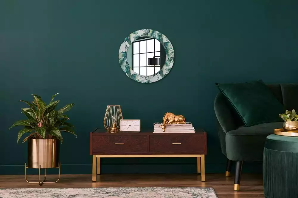 Miroir rond cadre avec impression Feuilles