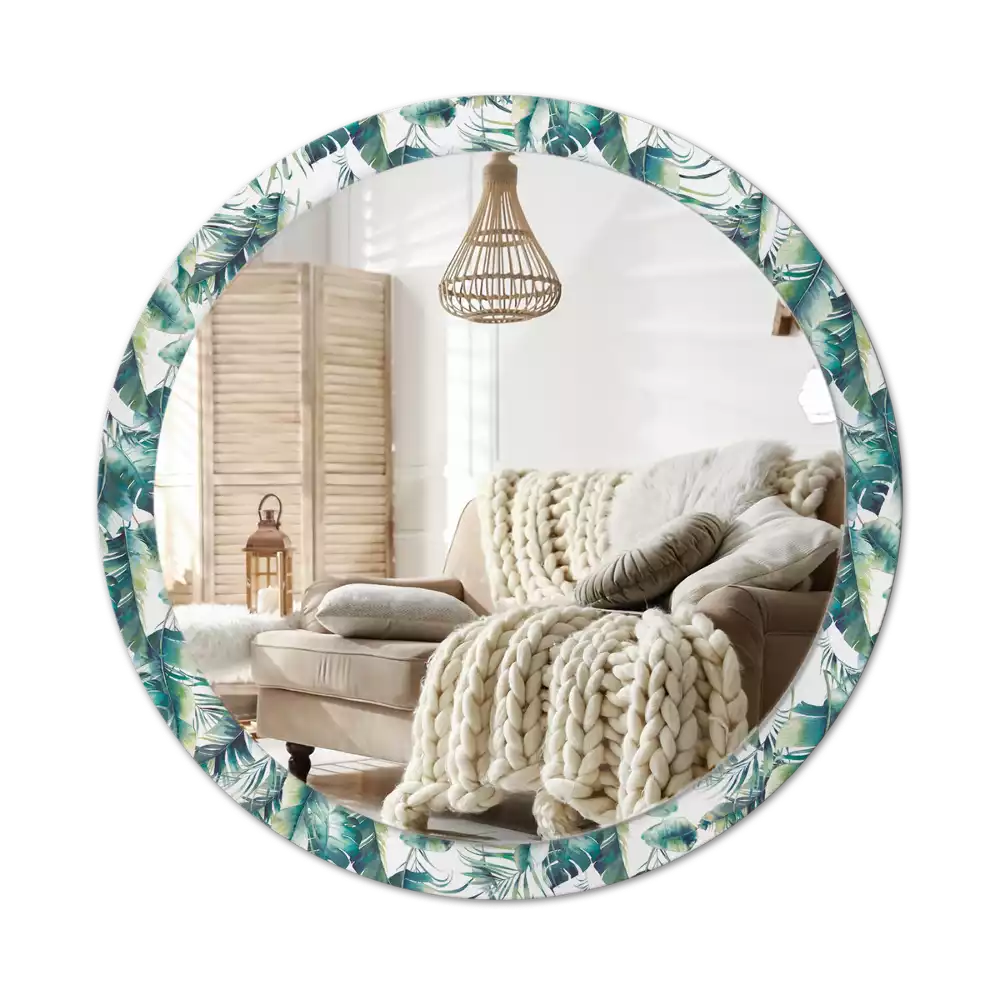 Miroir rond cadre avec impression Feuilles