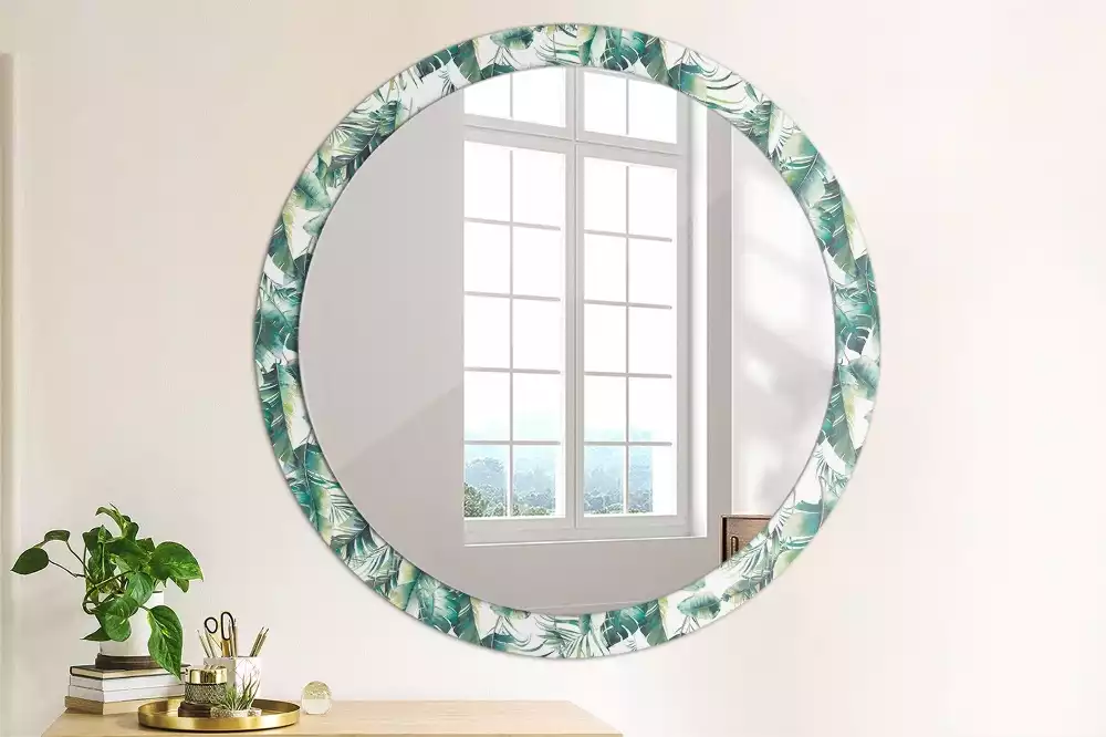 Miroir rond cadre avec impression Feuilles