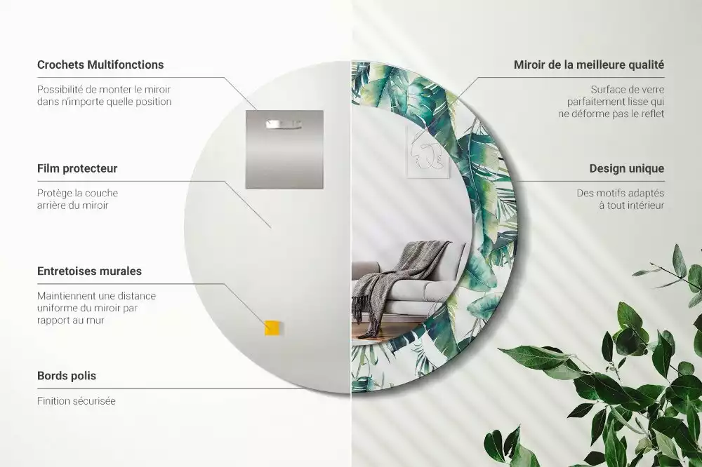 Miroir rond cadre avec impression Feuilles