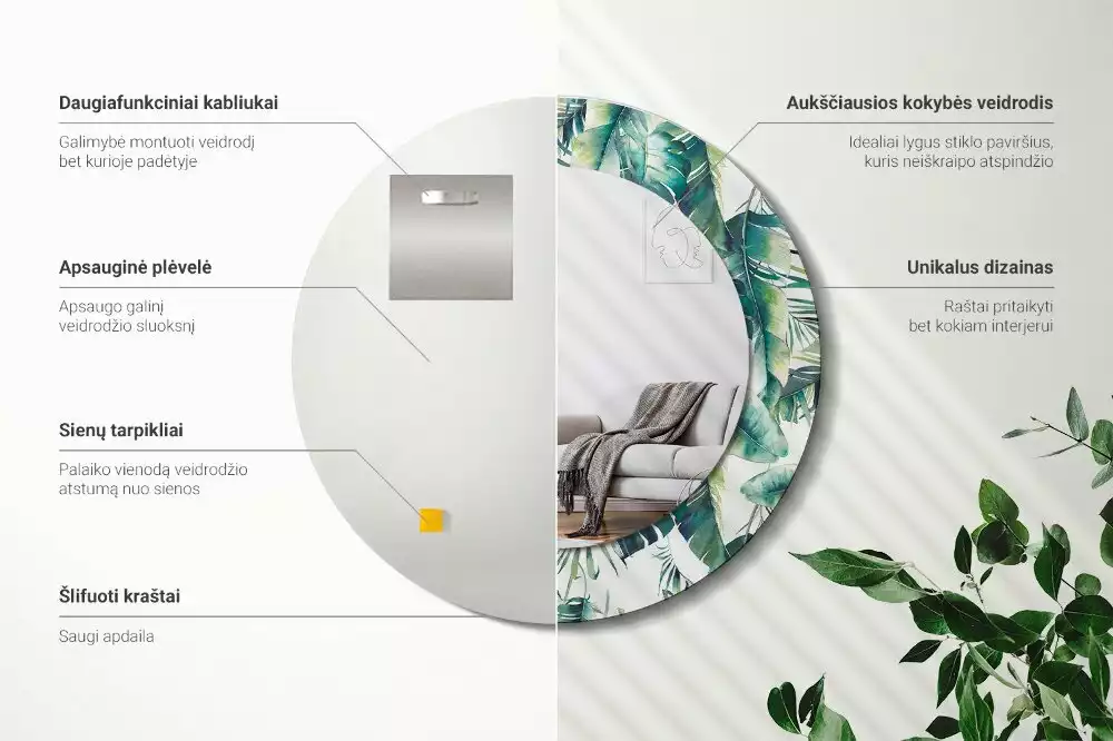 Miroir rond cadre avec impression Feuilles