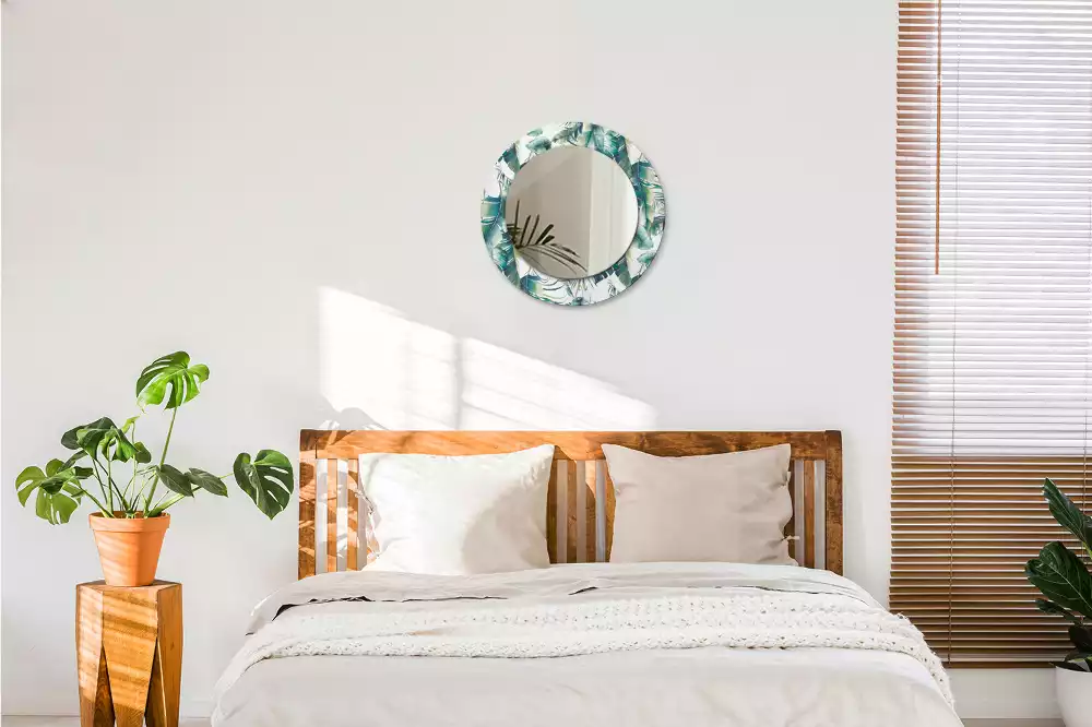 Miroir rond cadre avec impression Feuilles