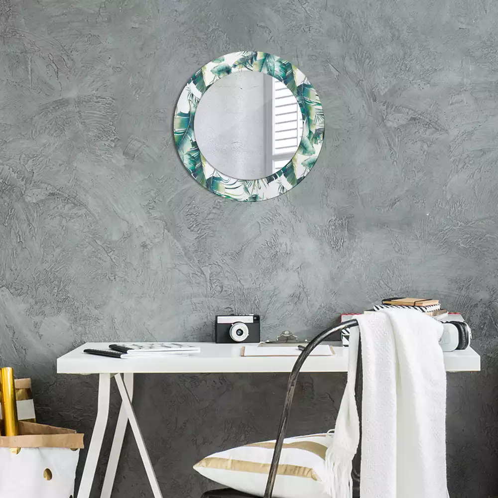 Miroir rond cadre avec impression Feuilles