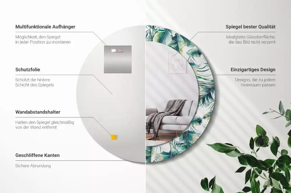 Miroir rond cadre avec impression Feuilles