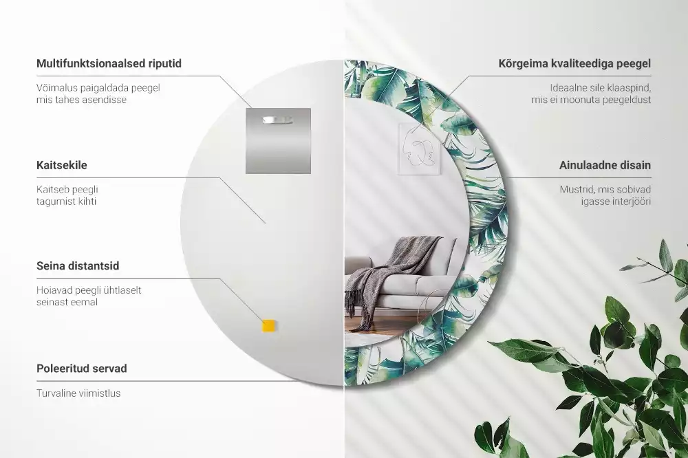 Miroir rond cadre avec impression Feuilles