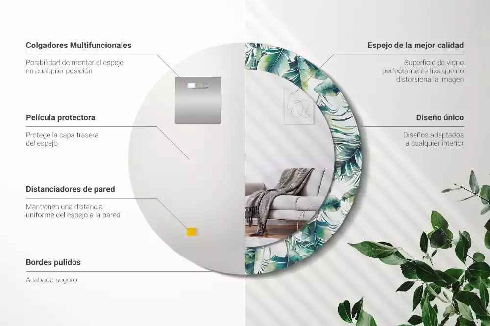 Miroir rond cadre avec impression Feuilles