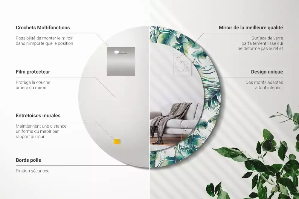 Miroir rond cadre avec impression Feuilles