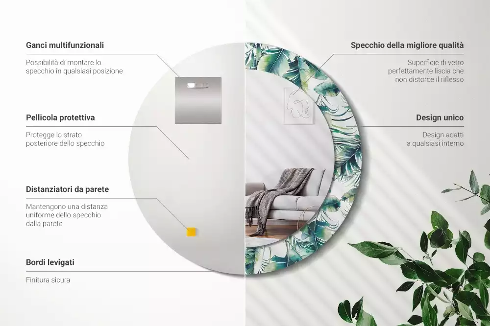 Miroir rond cadre avec impression Feuilles