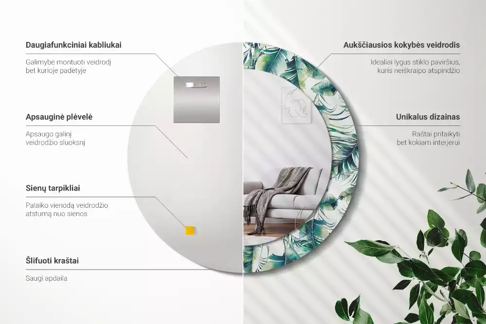 Miroir rond cadre avec impression Feuilles