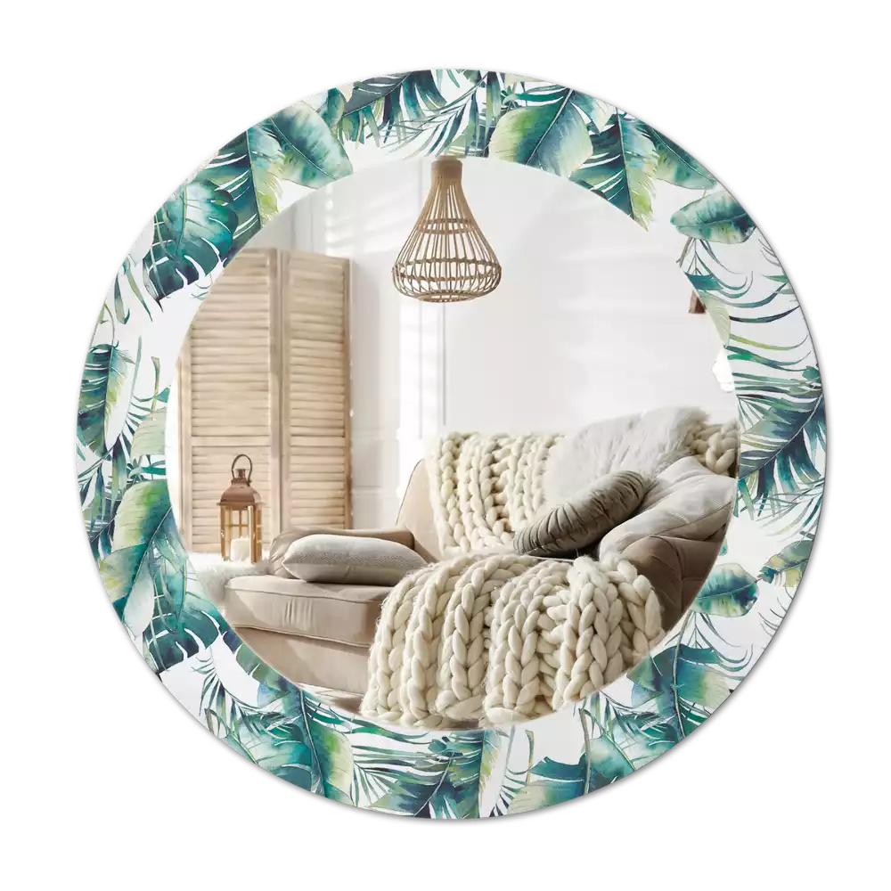 Miroir rond cadre avec impression Feuilles
