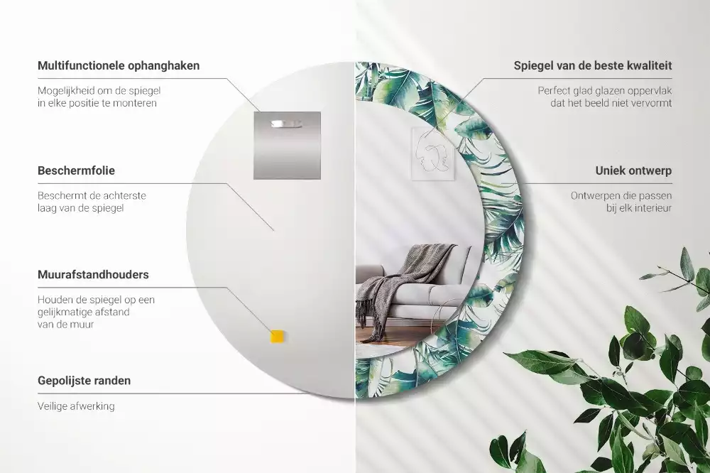 Miroir rond cadre avec impression Feuilles