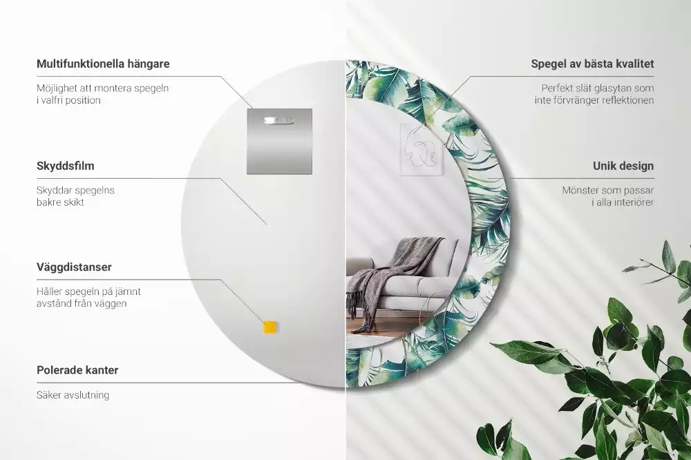Miroir rond cadre avec impression Feuilles