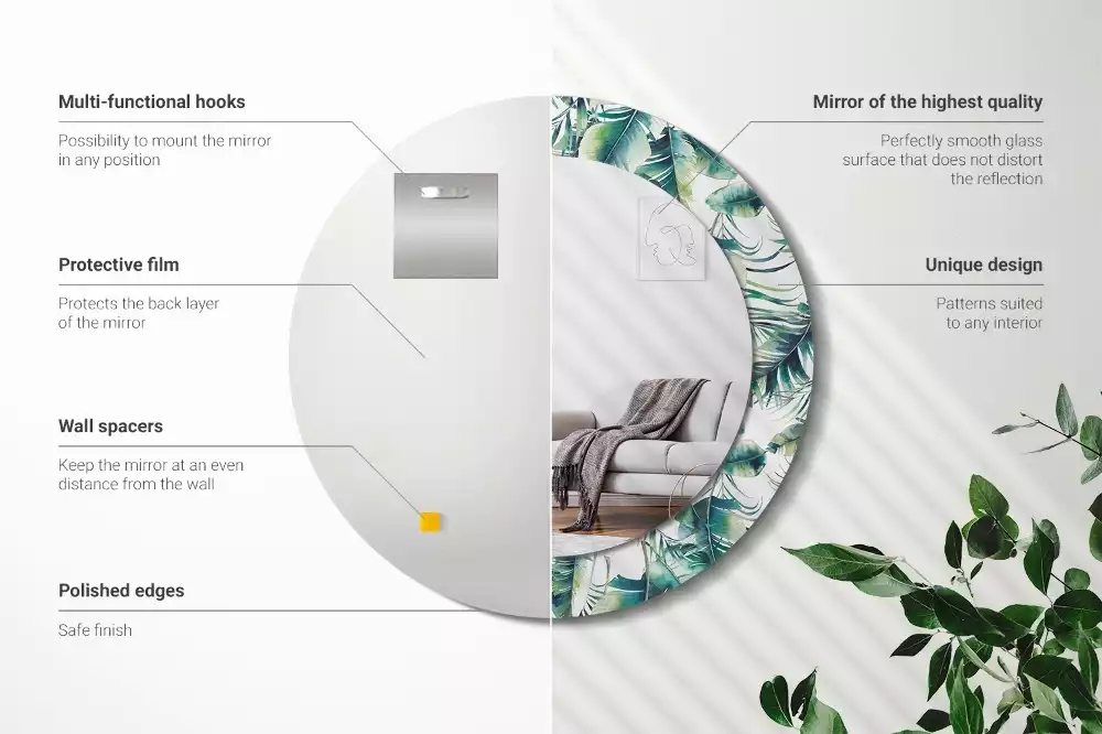 Miroir rond cadre avec impression Feuilles