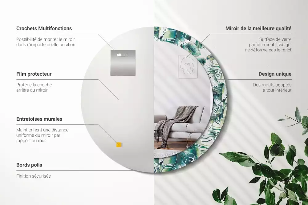 Miroir rond cadre avec impression Feuilles