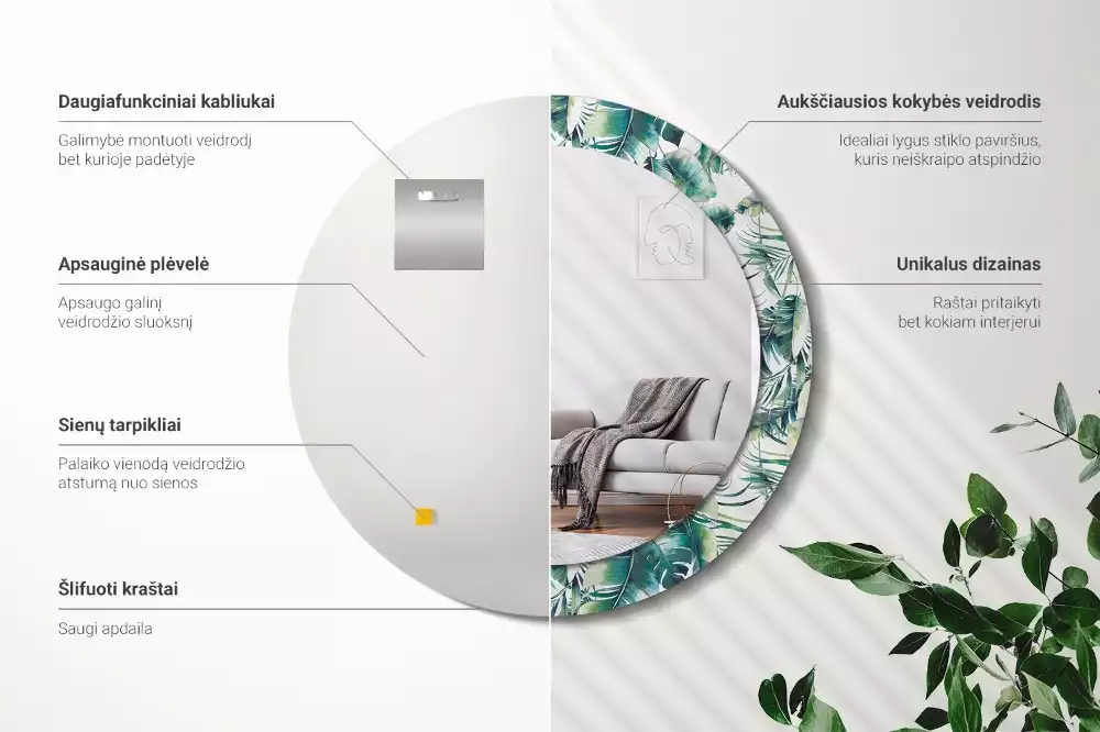 Miroir rond cadre avec impression Feuilles