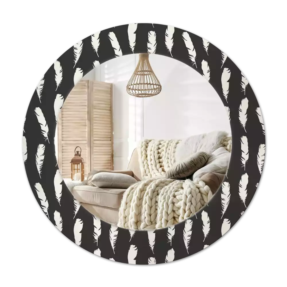 Miroir rond cadre avec impression Plumes noir et blanc