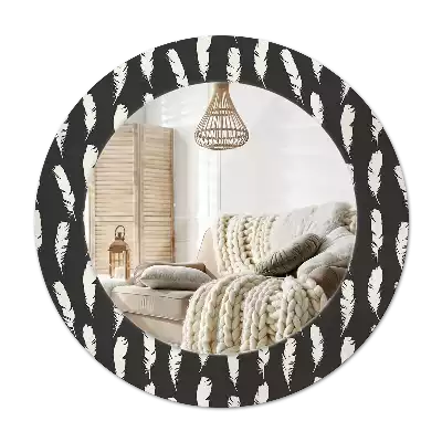 Miroir rond cadre avec impression Plumes noir et blanc