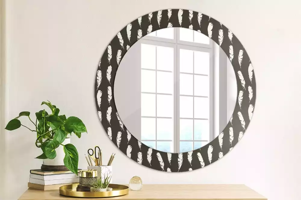Miroir rond cadre avec impression Plumes noir et blanc