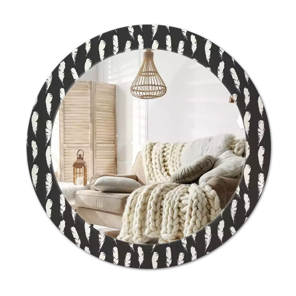 Miroir rond cadre avec impression Plumes noir et blanc