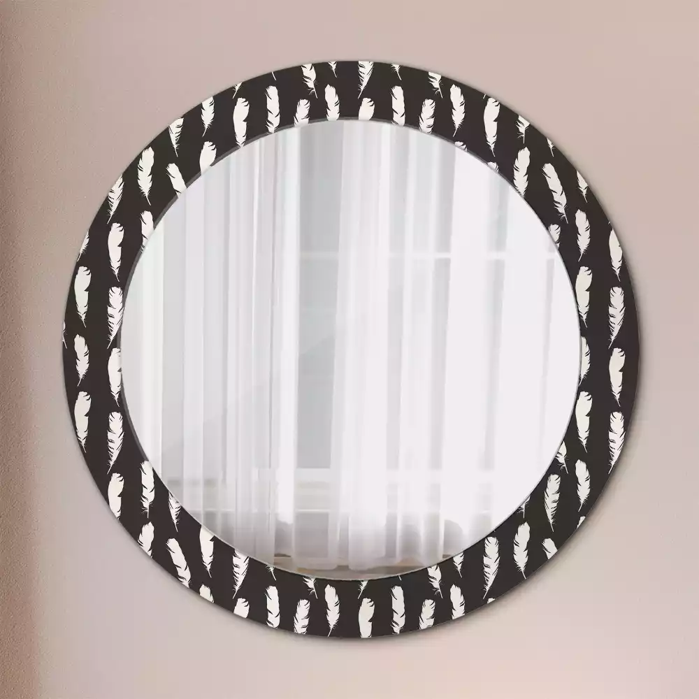Miroir rond cadre avec impression Plumes noir et blanc
